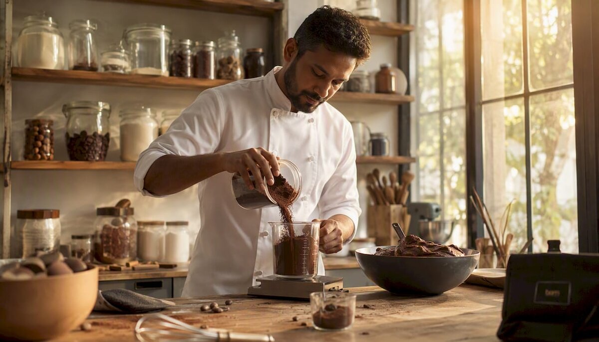 Manos sirviendo diferentes tipos de cacao en polvo en una panadería