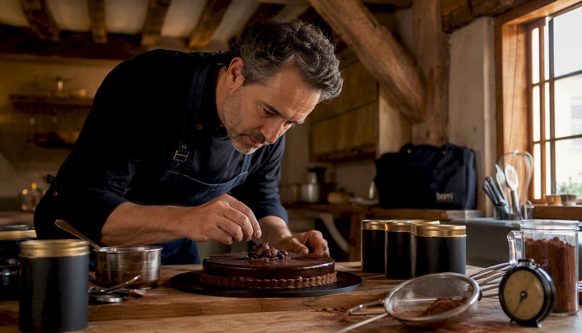 Un pastelero decora una tarta de ganache con un toque de cacao en polvo