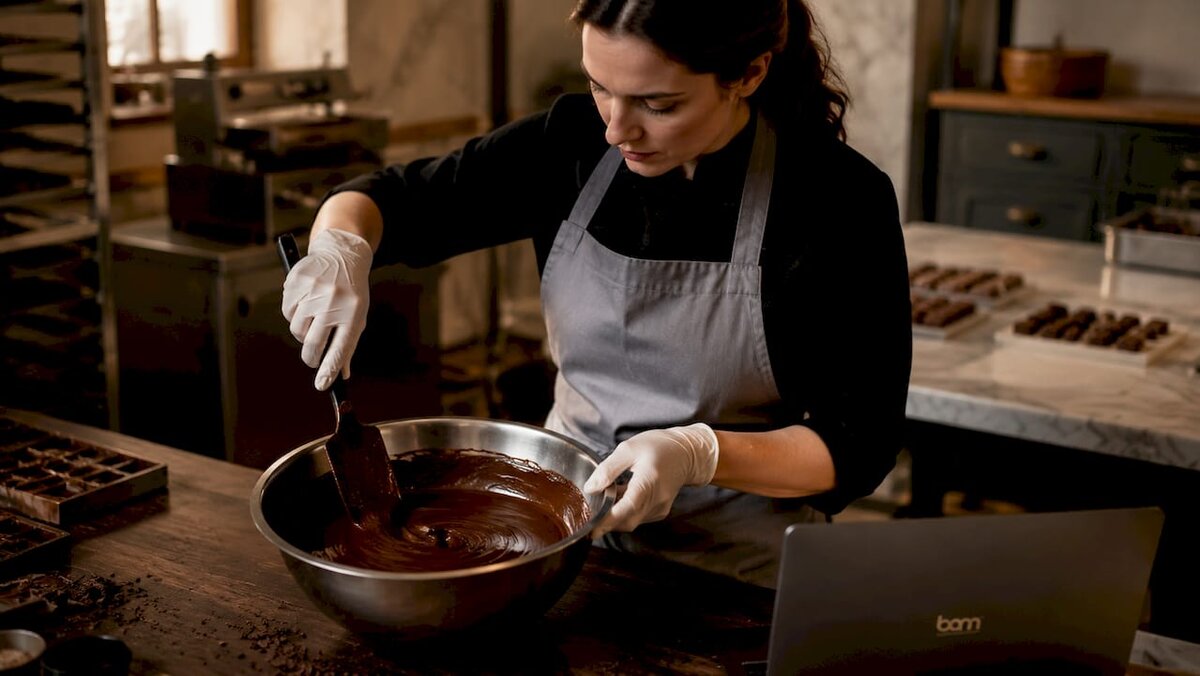 Primer plano de unas manos removiendo chocolate derretido